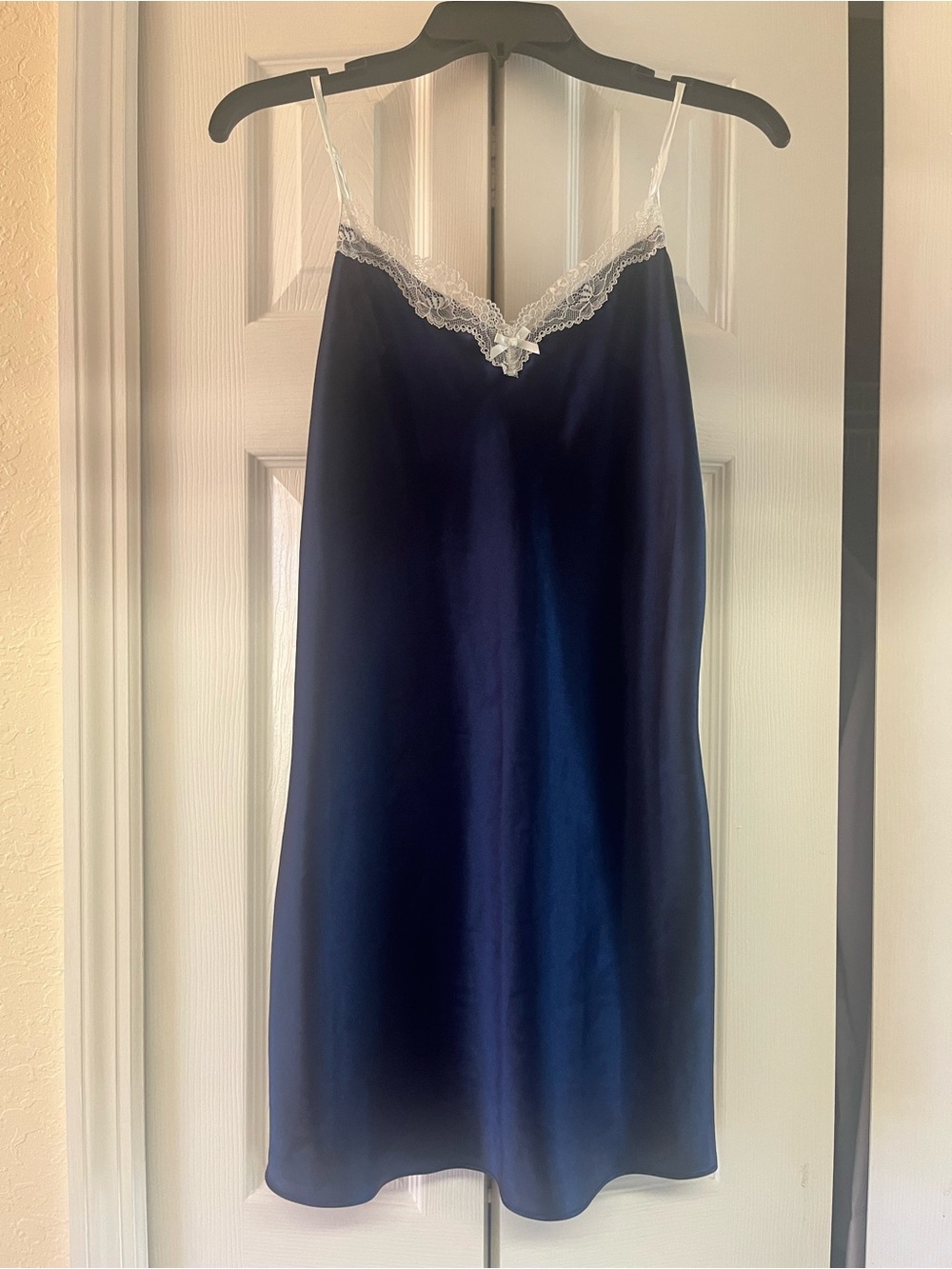 VINTAGE Linea Donatella Navy Satin Chemise with White Lace Trim